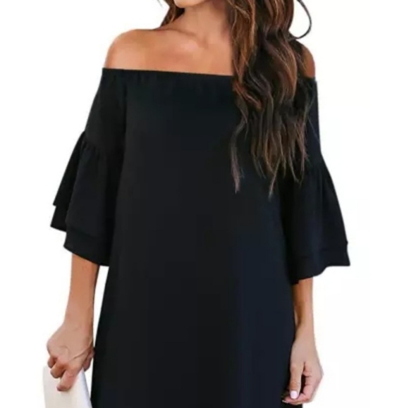 Black Off Shoulder Ruffled Sleeve Dress - Picture 3 of 4